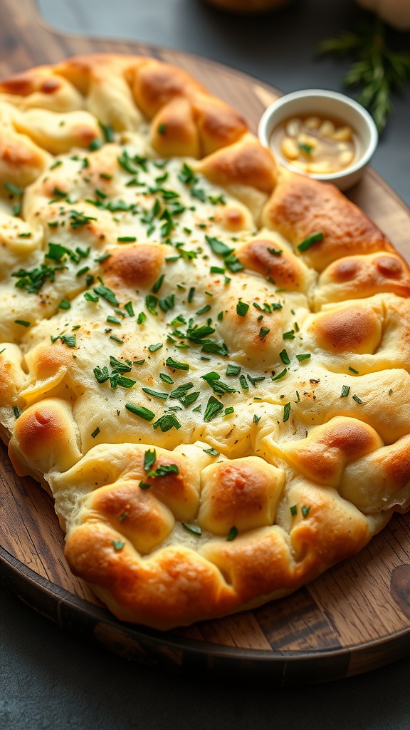 Golden brown garlic herb flatbread garnished with parsley on a wooden board.